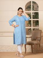 Yufta Women Sky Blue Floral Straight Plus Size Kurta | Grocsy