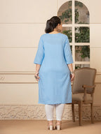 Yufta Women Sky Blue Floral Straight Plus Size Kurta | Grocsy