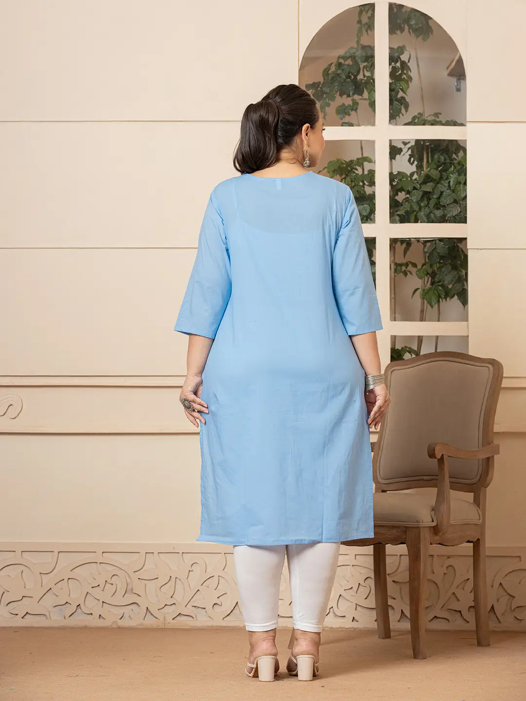 Yufta Women Sky Blue Floral Straight Plus Size Kurta | Grocsy