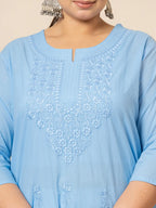 Yufta Women Sky Blue Floral Straight Plus Size Kurta | Grocsy