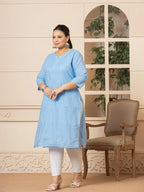 Yufta Women Sky Blue Floral Straight Plus Size Kurta | Grocsy