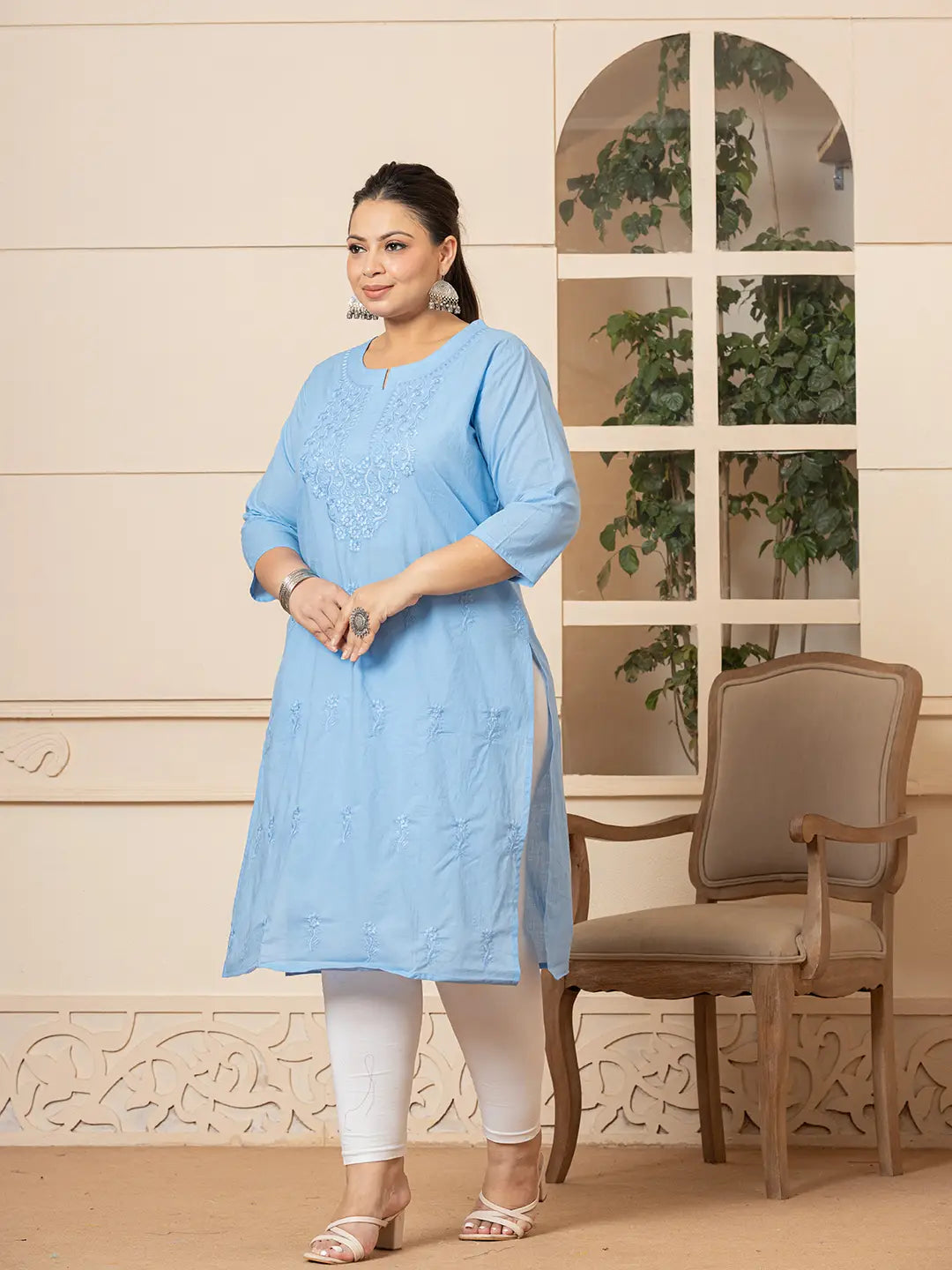 Yufta Women Sky Blue Floral Straight Plus Size Kurta | Grocsy