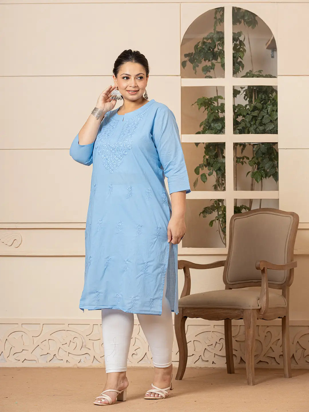 Yufta Women Sky Blue Floral Straight Plus Size Kurta | Grocsy