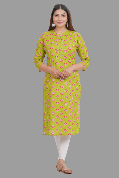 House of RP Women's Green Cotton Floral Print Straight Kurta | Grocsy