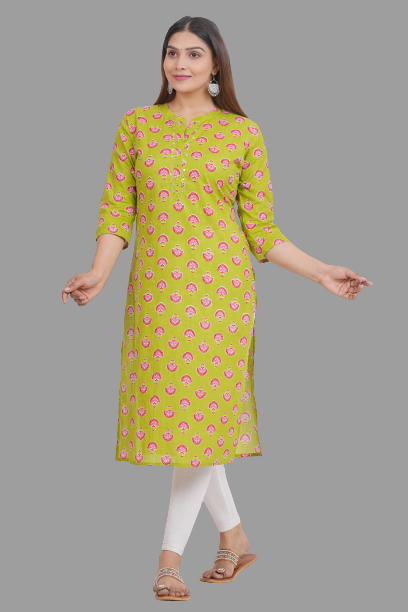 House of RP Women's Green Cotton Floral Print Straight Kurta | Grocsy