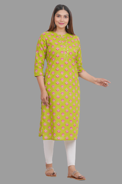 House of RP Women's Green Cotton Floral Print Straight Kurta | Grocsy