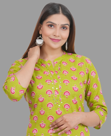 House of RP Women's Green Cotton Floral Print Straight Kurta | Grocsy