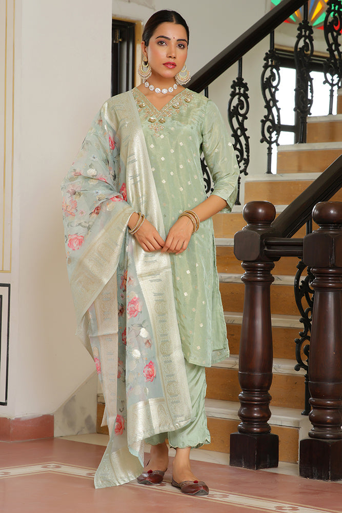 Vaasva Women Aqua Tissue Brocade Embroidered Kurta With Scalloped Pant & Dupatta | Grocsy