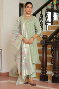 Vaasva Women Aqua Tissue Brocade Embroidered Kurta With Scalloped Pant & Dupatta | Grocsy