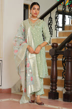 Vaasva Women Aqua Tissue Brocade Embroidered Kurta With Scalloped Pant & Dupatta | Grocsy