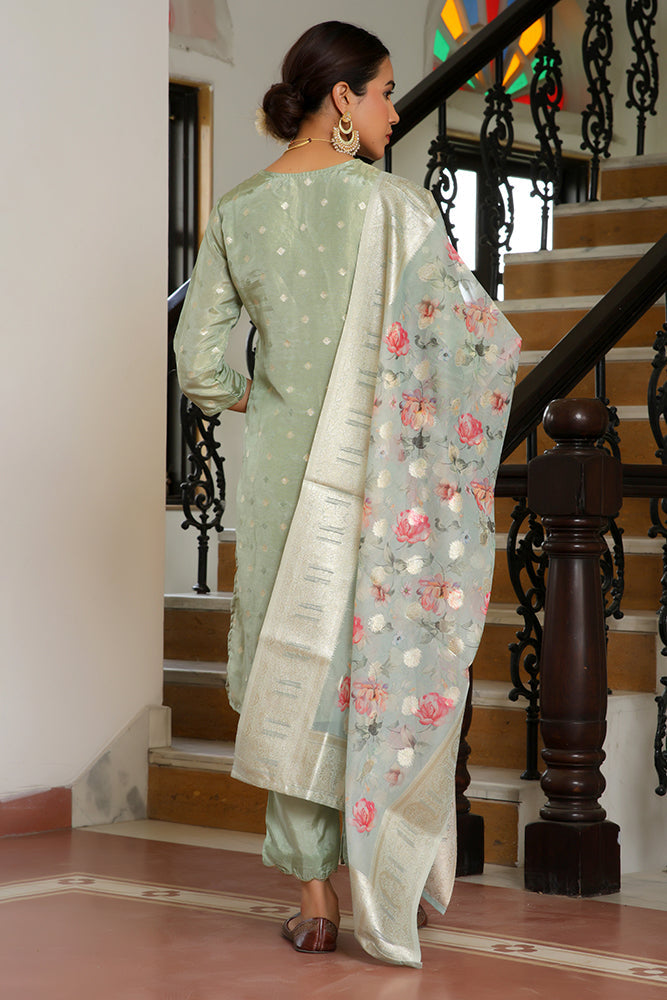 Vaasva Women Aqua Tissue Brocade Embroidered Kurta With Scalloped Pant & Dupatta | Grocsy