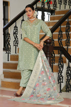 Vaasva Women Aqua Tissue Brocade Embroidered Kurta With Scalloped Pant & Dupatta | Grocsy