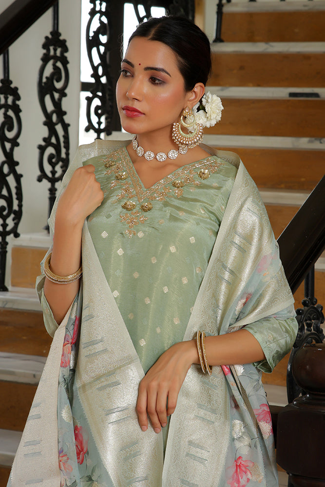 Vaasva Women Aqua Tissue Brocade Embroidered Kurta With Scalloped Pant & Dupatta | Grocsy