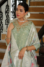 Vaasva Women Aqua Tissue Brocade Embroidered Kurta With Scalloped Pant & Dupatta | Grocsy