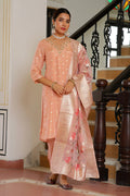 Vaasva Women Peach Tissue Brocade Embroidered Kurta With Scalloped Pant & Dupatta | Grocsy