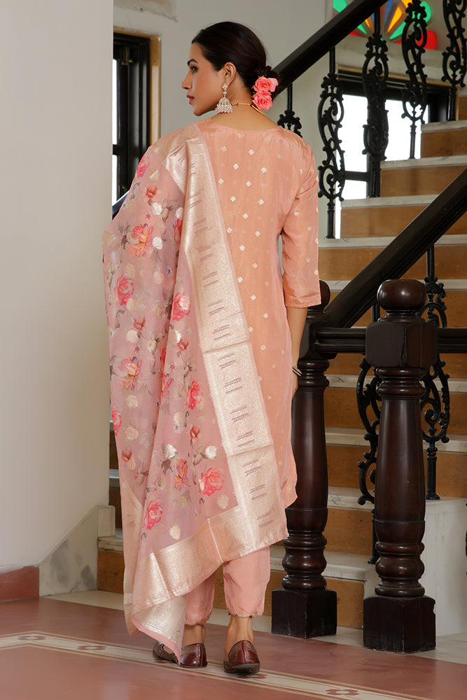 Vaasva Women Peach Tissue Brocade Embroidered Kurta With Scalloped Pant & Dupatta | Grocsy