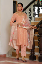 Vaasva Women Peach Tissue Brocade Embroidered Kurta With Scalloped Pant & Dupatta | Grocsy