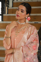 Vaasva Women Peach Tissue Brocade Embroidered Kurta With Scalloped Pant & Dupatta | Grocsy