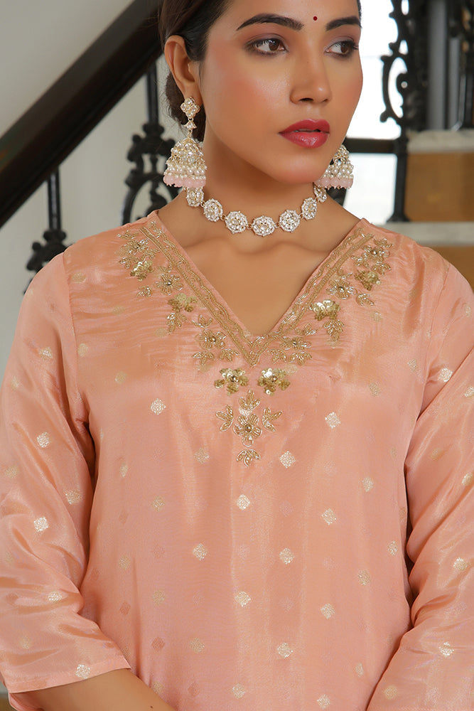 Vaasva Women Peach Tissue Brocade Embroidered Kurta With Scalloped Pant & Dupatta | Grocsy