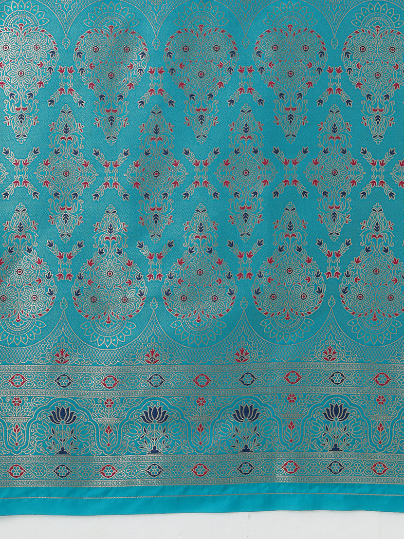 Monjolika Fashion Elegant Cyan Banarasi Silk Blend SareeBrocade Motifs & Zari Woven Splendor | Grocsy