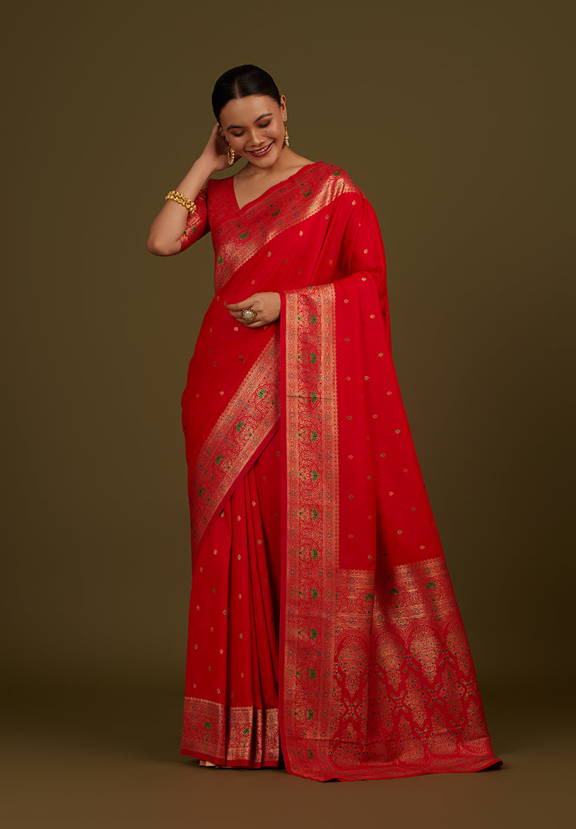 Monjolika Fashion Elegant Red Banarasi Silk Blend SareeBrocade Motifs & Zari Woven Splendor | Grocsy