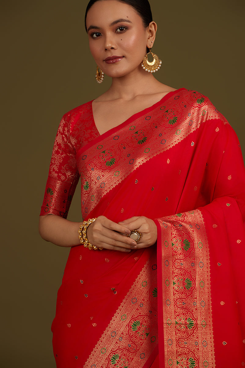 Monjolika Fashion Elegant Red Banarasi Silk Blend SareeBrocade Motifs & Zari Woven Splendor | Grocsy