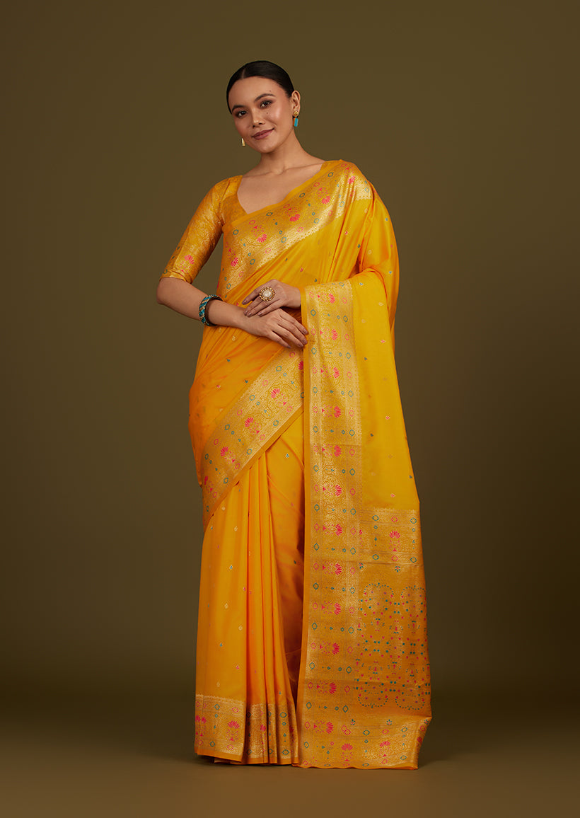 Monjolika Fashion Elegant Yellow Banarasi Silk Blend SareeBrocade Motifs & Zari Woven Splendor | Grocsy