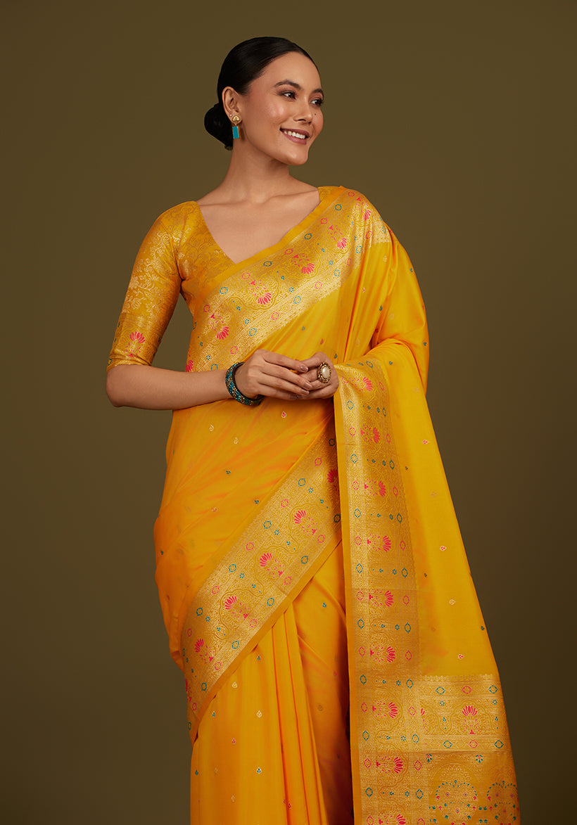 Monjolika Fashion Elegant Yellow Banarasi Silk Blend SareeBrocade Motifs & Zari Woven Splendor | Grocsy