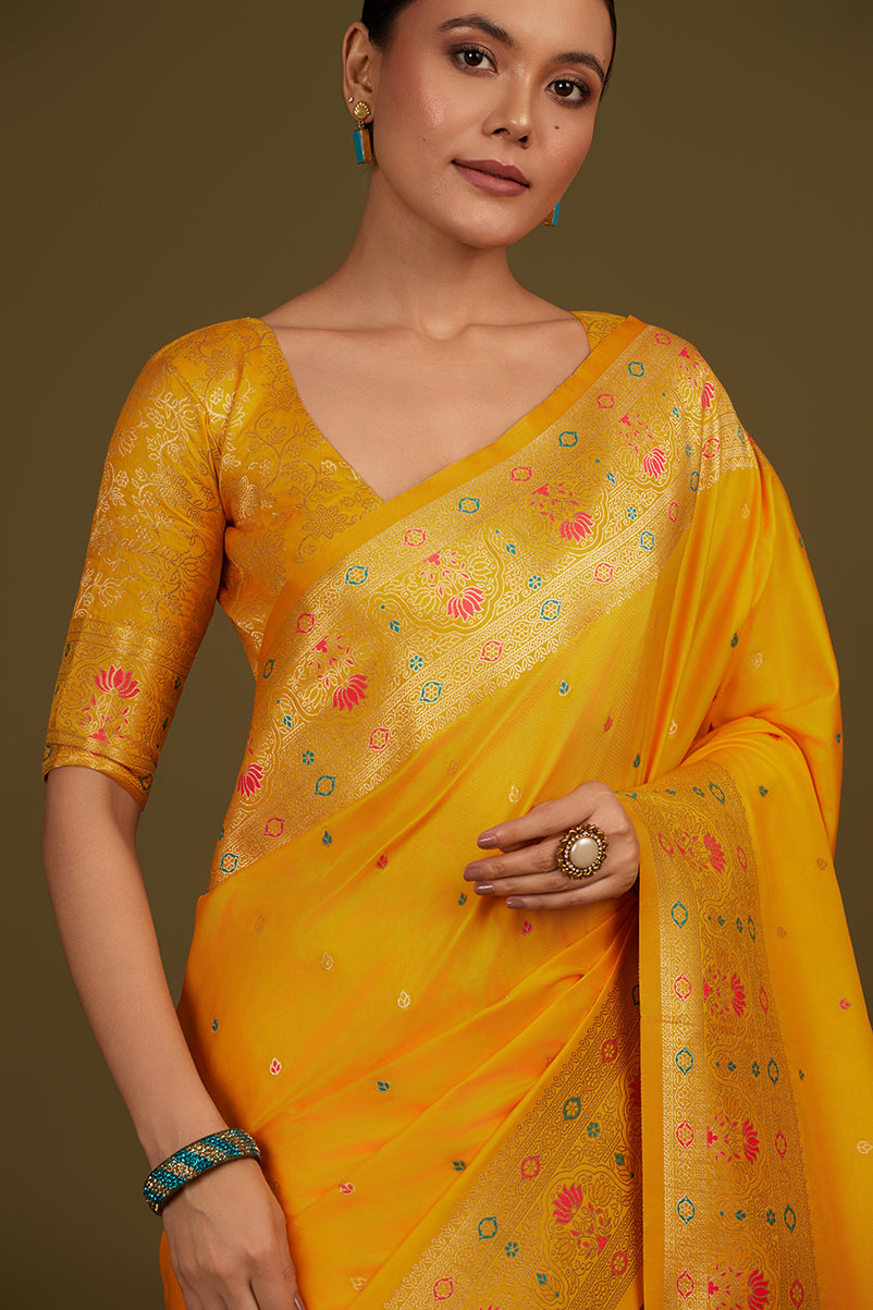 Monjolika Fashion Elegant Yellow Banarasi Silk Blend SareeBrocade Motifs & Zari Woven Splendor | Grocsy