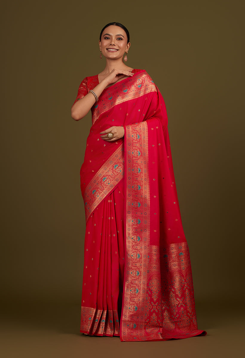 Monjolika Fashion Elegant Hot Pink Banarasi Silk Blend SareeBrocade Motifs & Zari Woven Splendor | Grocsy