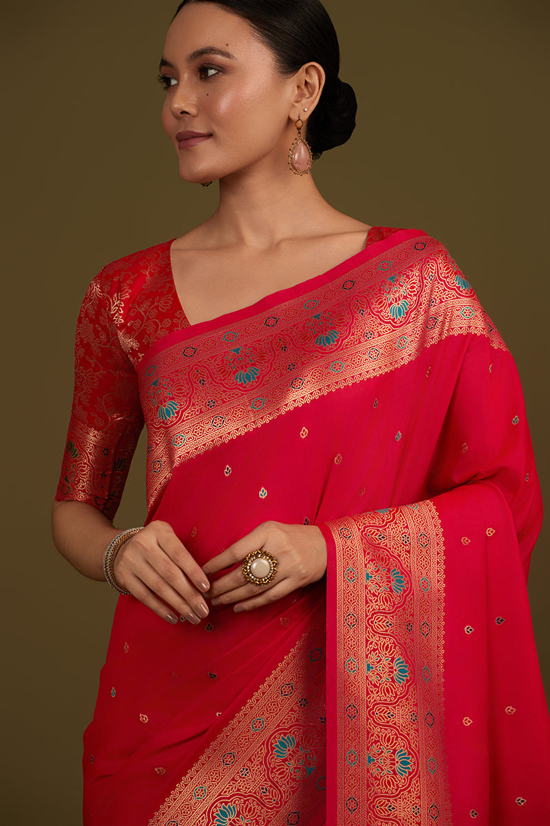 Monjolika Fashion Elegant Hot Pink Banarasi Silk Blend SareeBrocade Motifs & Zari Woven Splendor | Grocsy