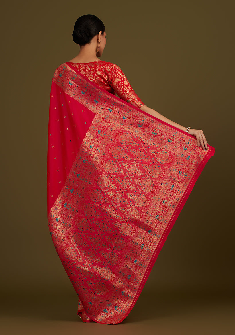 Monjolika Fashion Elegant Hot Pink Banarasi Silk Blend SareeBrocade Motifs & Zari Woven Splendor | Grocsy