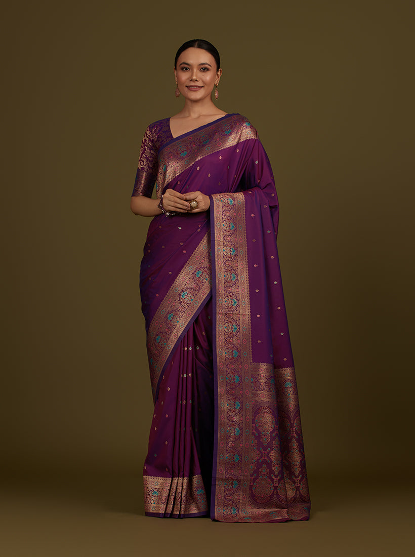 Monjolika Fashion Elegant Dark Purple Banarasi Silk Blend SareeBrocade Motifs & Zari Woven Splendor | Grocsy