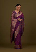 Monjolika Fashion Elegant Dark Purple Banarasi Silk Blend SareeBrocade Motifs & Zari Woven Splendor | Grocsy