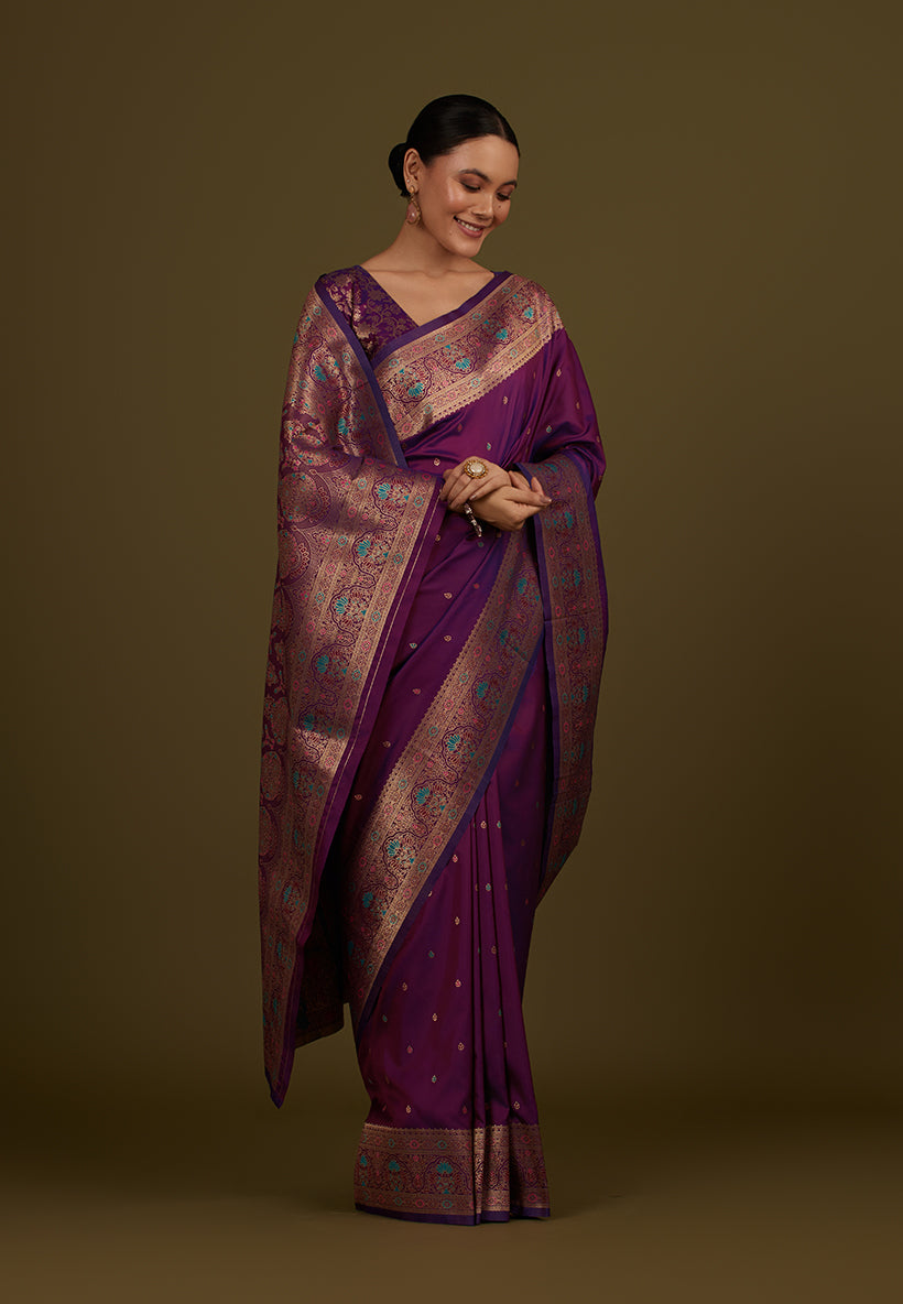 Monjolika Fashion Elegant Dark Purple Banarasi Silk Blend SareeBrocade Motifs & Zari Woven Splendor | Grocsy
