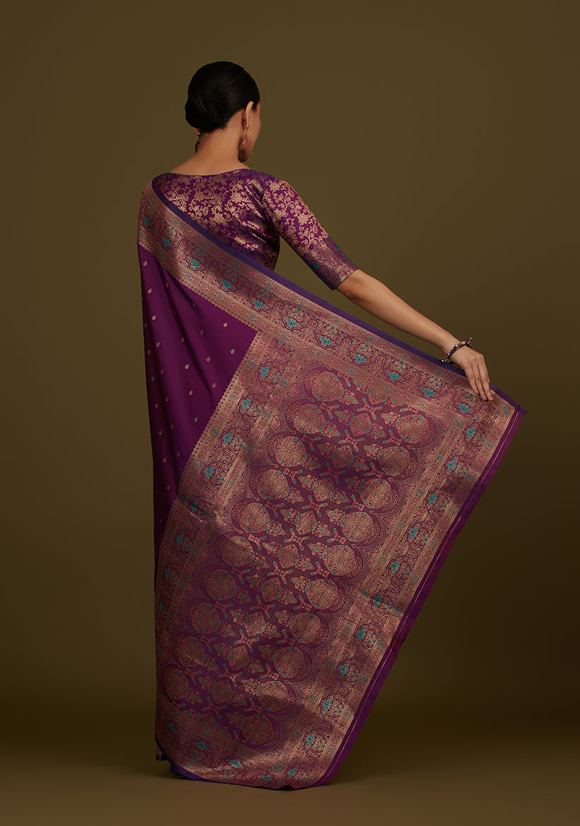 Monjolika Fashion Elegant Dark Purple Banarasi Silk Blend SareeBrocade Motifs & Zari Woven Splendor | Grocsy