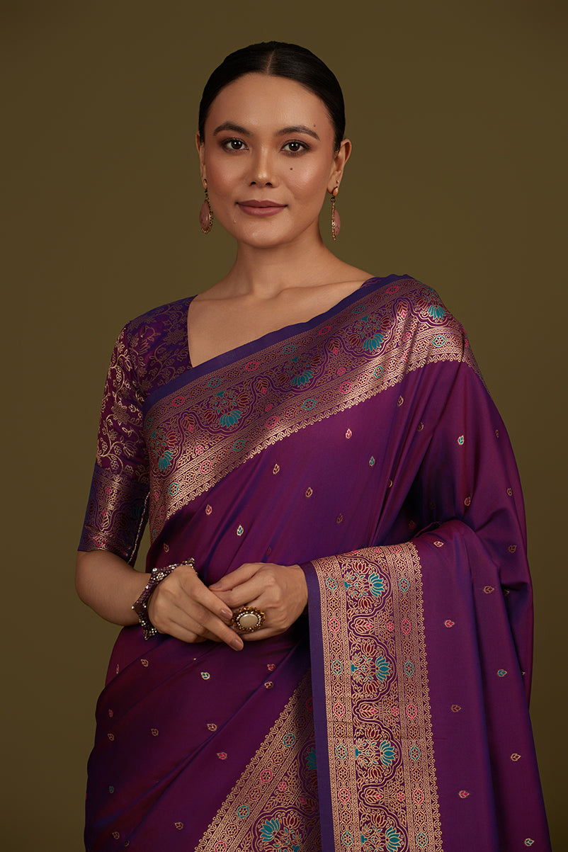 Monjolika Fashion Elegant Dark Purple Banarasi Silk Blend SareeBrocade Motifs & Zari Woven Splendor | Grocsy