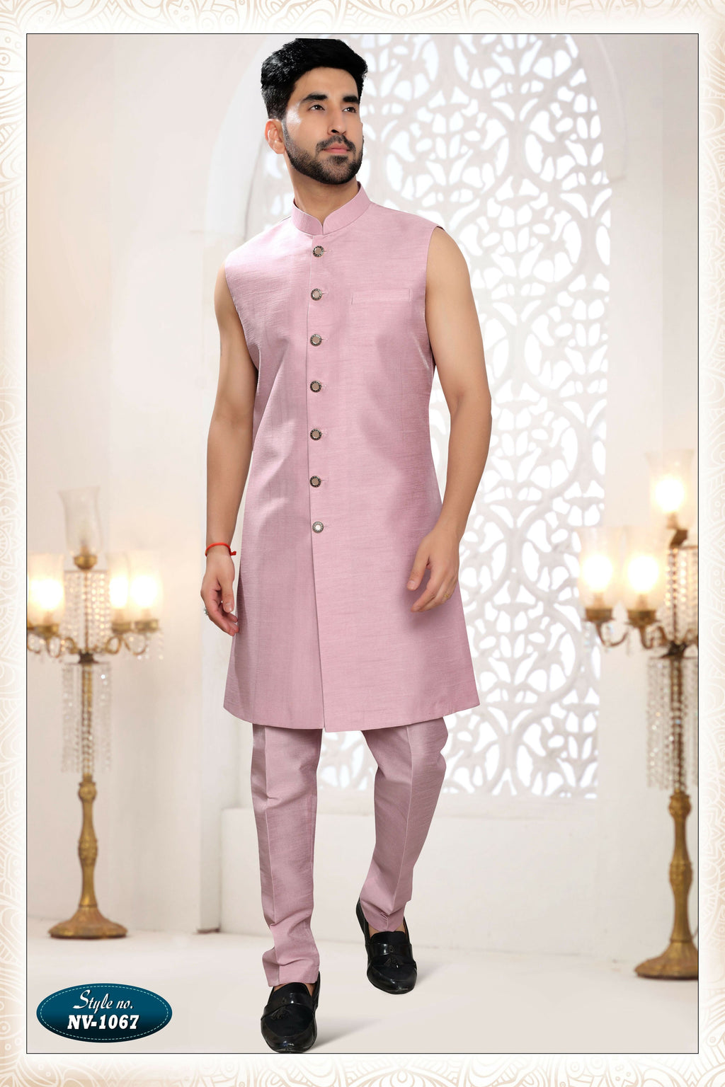 Joban Fashion Men's Pink Straight Silk Thread And Sequence Embroidery All Over 3 Pc Kurta Set | Grocsy
