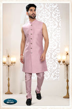 Joban Fashion Men's Pink Straight Silk Thread And Sequence Embroidery All Over 3 Pc Kurta Set | Grocsy