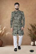 Joban Fashion Men's Green Straight Swed Velvet Thread & Sequence Embroidery All Over Indo-Western Kurta Set | Grocsy