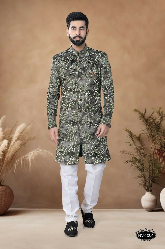 Joban Fashion Men's Green Straight Swed Velvet Thread & Sequence Embroidery All Over Indo-Western Kurta Set | Grocsy