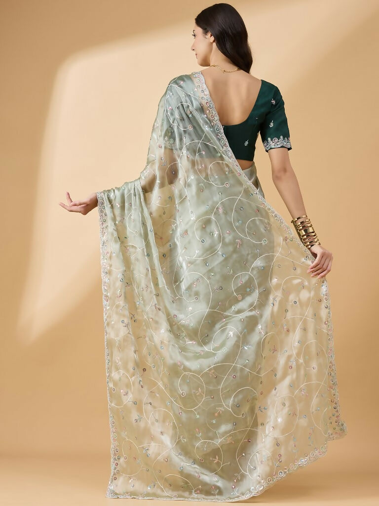 Green Organza Sequence Embroidered Saree with Unstitched Blouse - Satya | Grocsy