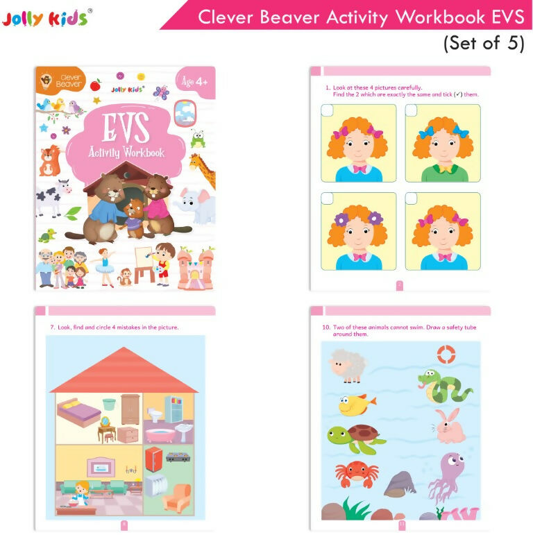 Jolly Kids Clever Beaver Ages 4-5 Years Fun Learning Activities Workbooks Set of 5 | English-Maths-EVS-Good Habit-Logical Reasoning | Grocsy