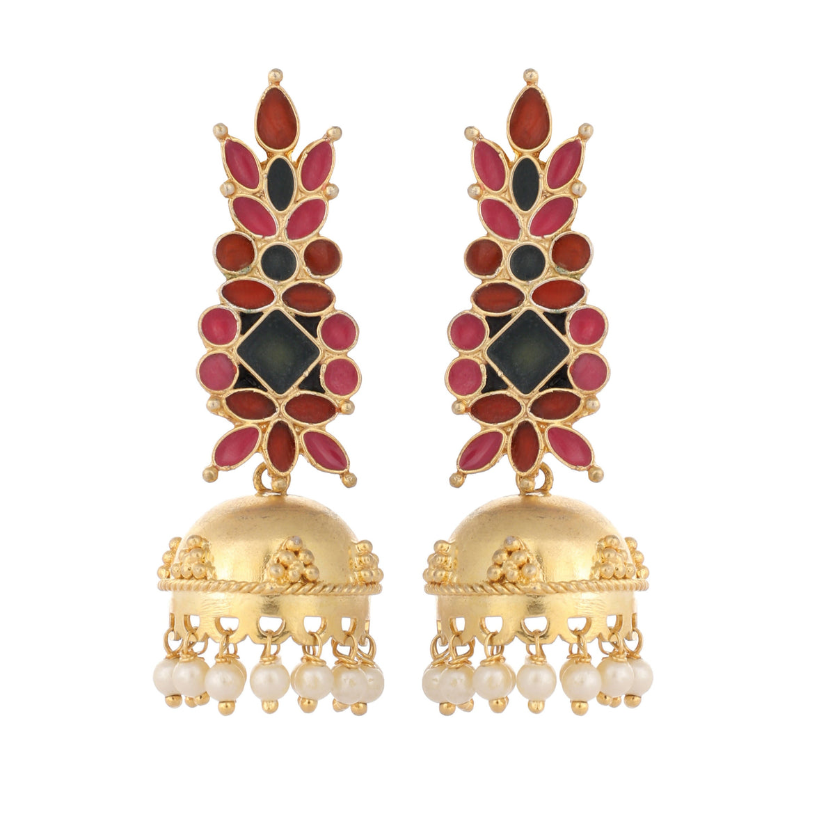 Nuyug 22K Gold-Plated Enamel & Beaded Dome Shaped Jhumka Earrings | Grocsy