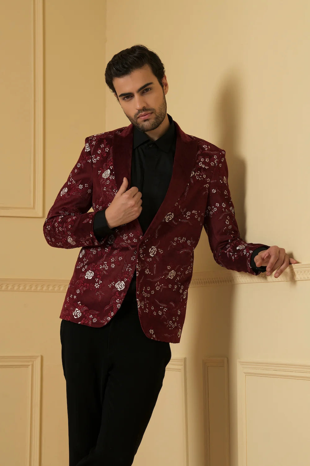 Maroon Embriodered Blazer by Hilo Design | Grocsy