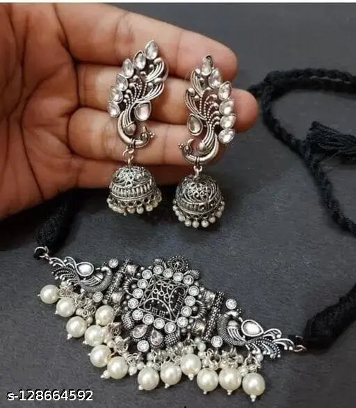 Tehzeeb Creations Women's Silver Colour Peacock Design Necklace And Earrings | Grocsy