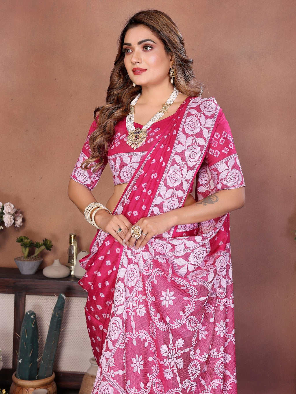 Anaita Pink Handmade Bandhej Viscose Silk Saree With Blouse | Grocsy