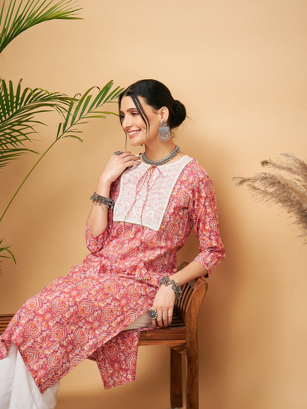 InWeave Women's Dusty Pink Paisley Patch Straight Kurta Pant Set | Grocsy