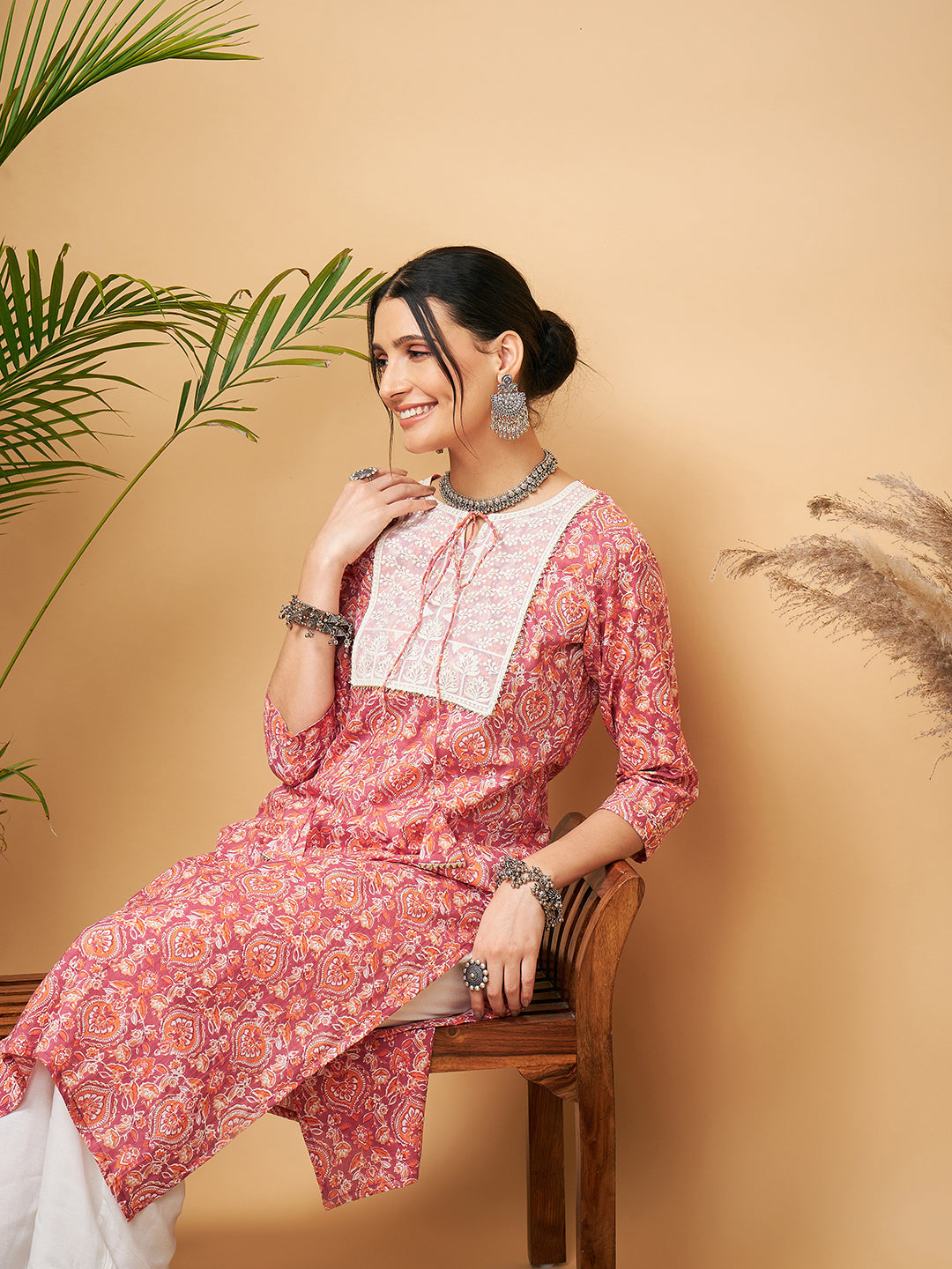 InWeave Women's Dusty Pink Paisley Patch Straight Kurta Pant Set | Grocsy