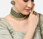 Jewel City Indian Gold-Plated & Green Alloy Gold-Plated Kundan-Studded & Beaded Jewellery Set | Grocsy
